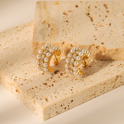 1 Par Estilo Vintage Color Sólido Enchapado Embutido Acero Inoxidable 304 Diamantes De Imitación Artificiales Perla Chapados en oro de 18k Pendientes