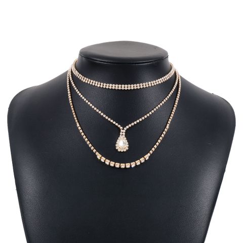 Ig Style Shiny Water Droplets Claw Chain Inlay Rhinestones Women's Three Layer Necklace