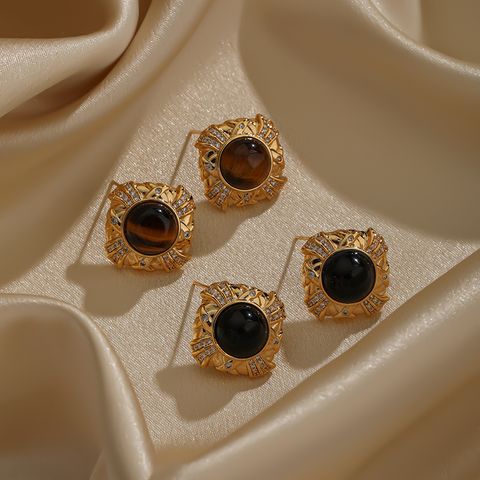1 Pair Elegant Glam Luxurious Round Square Plating Inlay Copper Natural Stone Amber Obsidian 18k Gold Plated Ear Studs