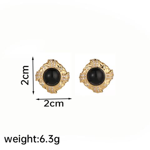 1 Pair Elegant Vintage Style Geometric Oval Plating Inlay Copper Natural Stone Amber Obsidian 18k Gold Plated Ear Studs