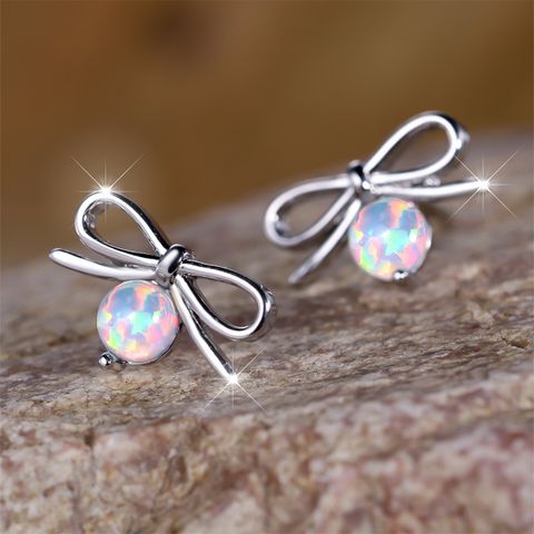 1 Pair Lady Bow Knot Inlay Copper Artificial Gemstones Ear Studs