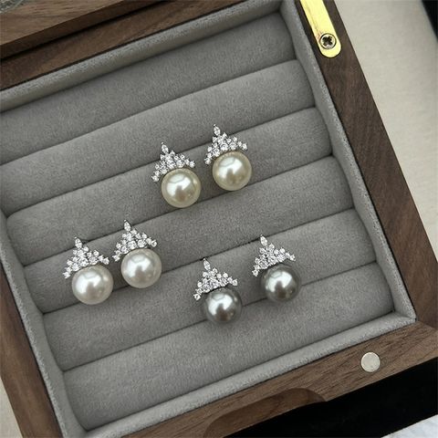 Wholesale Jewelry Simple Style Round Crown Artificial Crystal Artificial Crystal Pearl Plating Inlay Ear Studs
