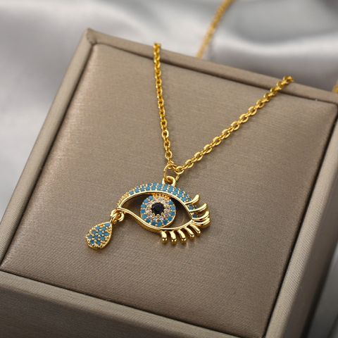 Classic Style Eye Copper Inlay Turquoise Rhinestones Pendant Necklace