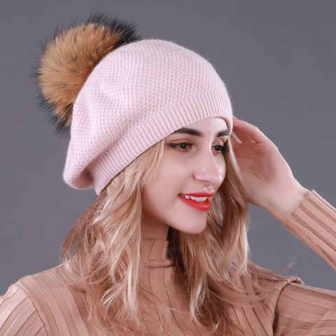 Women's Basic Solid Color Pom Poms Flat Eaves Beret Hat