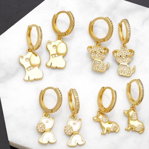 1 Pair Cute Vintage Style Simple Style Dog Plating Inlay Copper Zircon 18k Gold Plated Drop Earrings