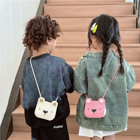 Kid's Pu Leather Little Bear Solid Color Cute Sewing Thread Square Open Shoulder Bag Crossbody Bag