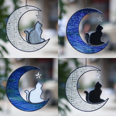 Cute Retro Star Moon Cat Glass Pendant Artificial Decorations
