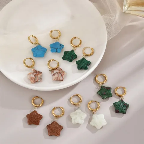 1 Par Viajar Diariamente Estrella Esmalte Enchapado Acero Inoxidable Piedra Natural Chapados en oro de 18k Aretes