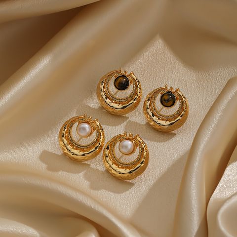 1 Pair Lady Geometric Plating Inlay Copper Natural Stone Freshwater Pearl 18k Gold Plated Ear Studs