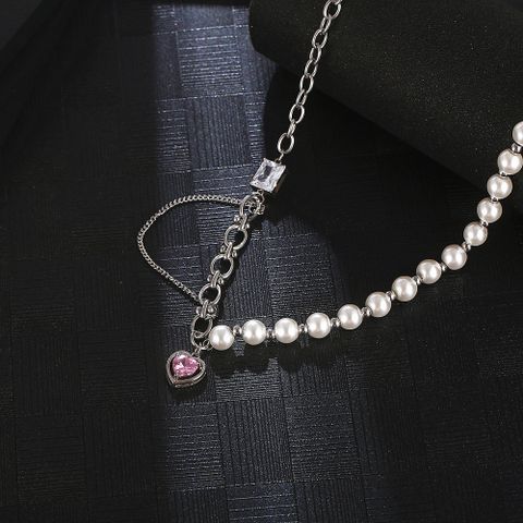 304 Stainless Steel 18K Gold Plated Hip-Hop Cool Style Pearl Chain Inlay Heart Shape Zircon Pendant Necklace