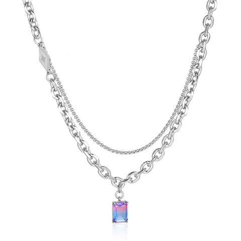 304 Stainless Steel Casual Simple Style Chain Inlay Rectangle Gem Pendant Necklace Long Necklace