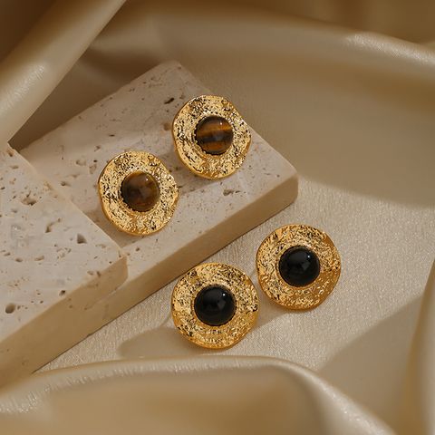 1 Pair Retro Luxurious Round Inlay Copper Tiger Eye Obsidian 18K Gold Plated Ear Studs