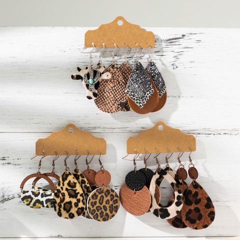 1 Set Vintage Style Cattle Layered Pu Leather Drop Earrings