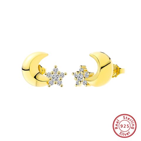 1 Pair Japanese Style Sweet Simple Style Star Moon Plating Inlay Sterling Silver Zircon 14k Gold Plated White Gold Plated Silver Plated Ear Studs