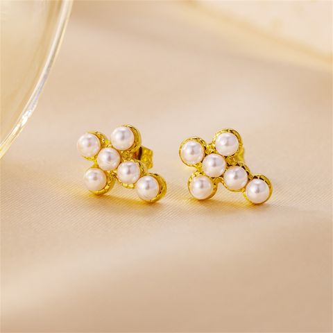 1 Pair Glam Lady Cross Plating Inlay Stainless Steel Pearl 18k Gold Plated Ear Studs