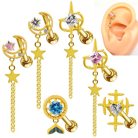 1 Piece Elegant Lady Star Moon Heart Shape Plating Inlay Stainless Steel Copper Zircon Gold Plated Cartilage Earrings