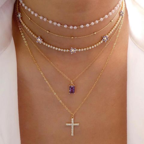 Shiny Cross Alloy Inlay Zircon Women's Layered Necklaces