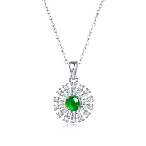 Sweet Round Sterling Silver Inlay Jade Pendant Necklace