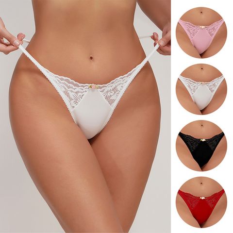 Solid Color Flower Seamless Quick Dry Hollow Out Low Waist Thong Panties