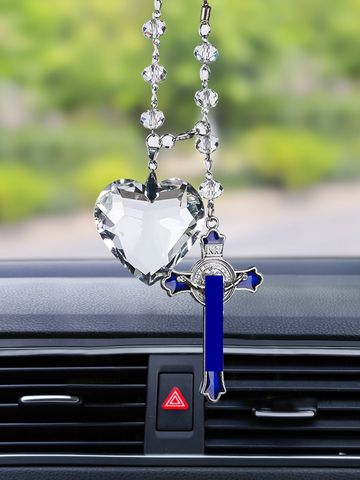 Simple Clear Heart Shaped Crystal Alloy Blue Enameled Cross Car Interior Charms