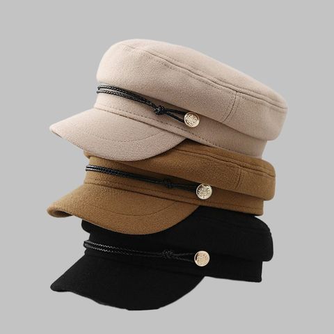 Women's Basic British Style Solid Color Chain Curved Eaves Military Hat