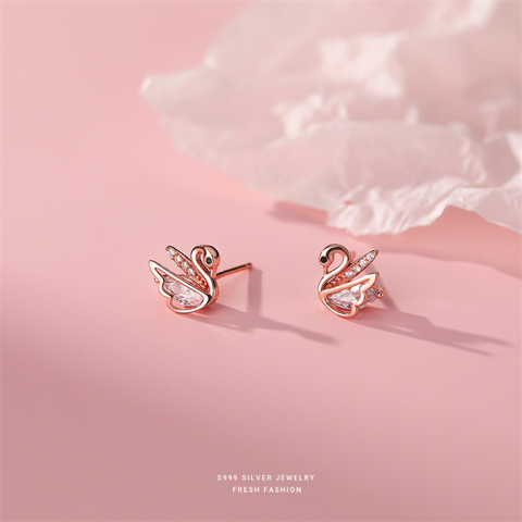 1 Pair Casual Simple Style Swan Plating Inlay Sterling Silver Rhinestones Rose Gold Plated White Gold Plated Ear Studs