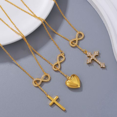 Simple Style Cross Heart Shape Copper Plating Inlay Zircon 18k Gold Plated Pendant Necklace