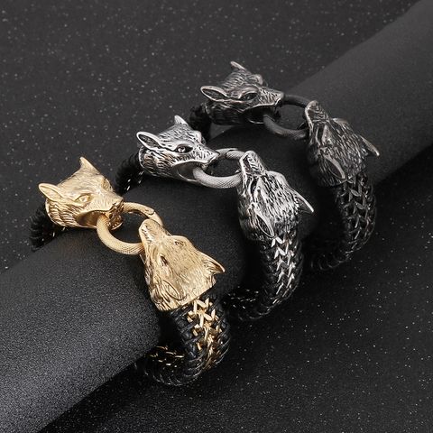 Hip-Hop Rock Punk Wolf Titanium Steel Plating 18K Gold Plated Men's Bracelets