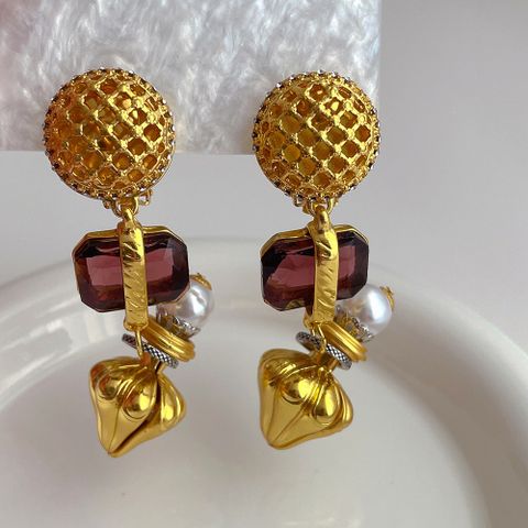 1 Piece Vintage Style Ethnic Style Color Block Plating Inlay Copper Artificial Gemstones Artificial Pearls 18k Gold Plated Drop Earrings