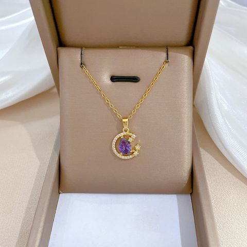 Wholesale Elegant Sweet Moon Titanium Steel Copper Inlay Artificial Gemstones Pendant Necklace