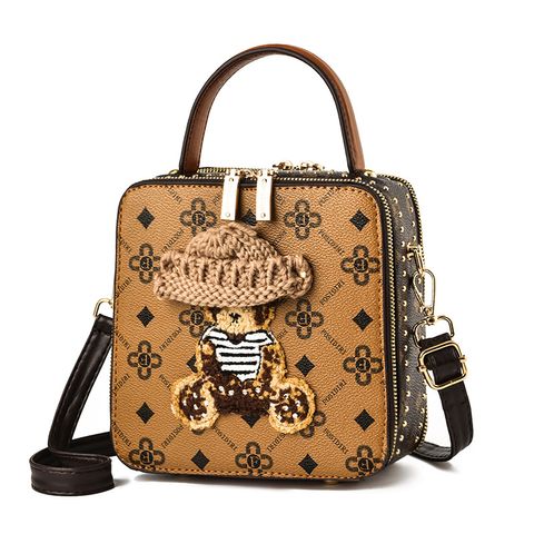 Women's Small Pu Leather Little Bear Elegant Cute Square Zipper Square Bag