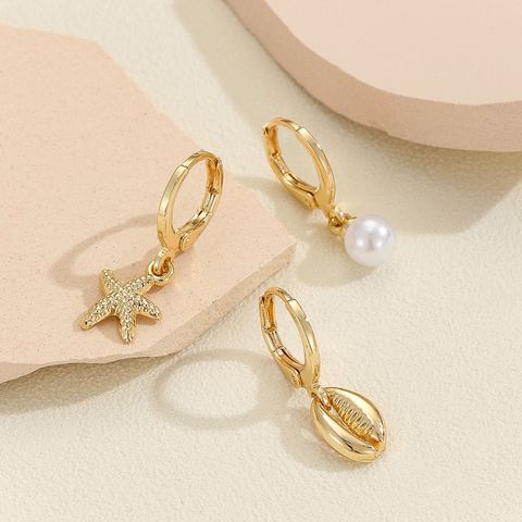 3 Pieces Elegant Streetwear Starfish Shell Alloy Gold Plated Drop Earrings