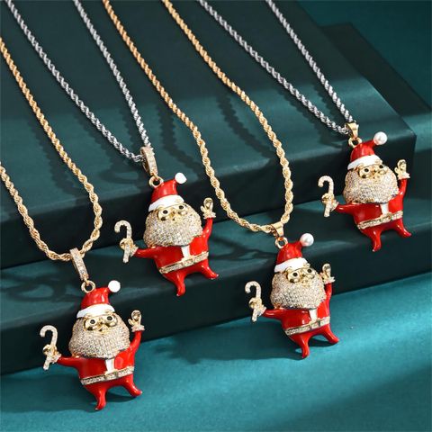 Wholesale Christmas Streetwear Santa Claus Copper Enamel Plating Inlay Pearl Zircon Pendant Necklace