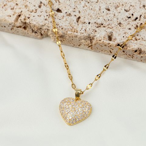 Stainless Steel 18K Gold Plated White Gold Plated Simple Style Plating Inlay Heart Shape Zircon Pendant Necklace