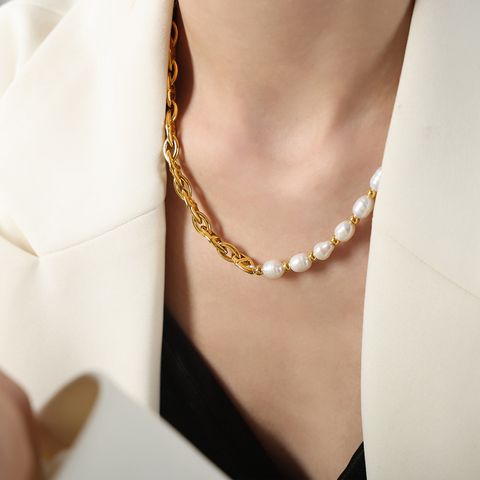 Großhandel Lässig Elegant Französische Art Geometrisch Süßwasserperle Titan Stahl Überzug 18 Karat Vergoldet Halskette