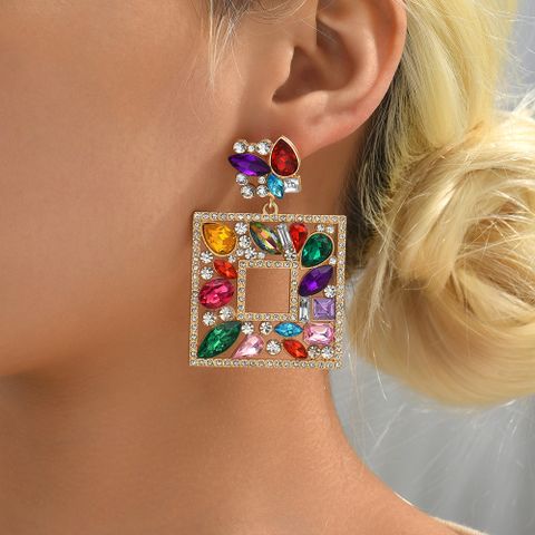 1 Pair Luxurious Shiny Square Plating Hollow Out Inlay Zinc Alloy Glass Dangling Earrings