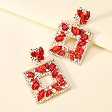 1 Pair Luxurious Shiny Square Plating Hollow Out Inlay Zinc Alloy Glass Dangling Earrings