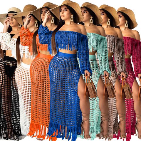 Playa Mujeres Sexy Color Sólido Poliéster Ahuecar Conjuntos De Falda Conjuntos De Falda