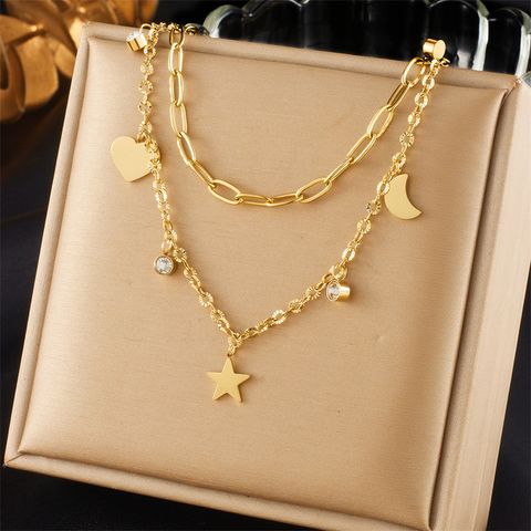 304 Stainless Steel 18K Gold Plated Basic Modern Style Plating Inlay Star Moon Rhinestones Layered Necklaces