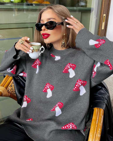 Women's Sweater Long Sleeve Sweaters & Cardigans Jacquard Contrast Binding Streetwear Mushroom