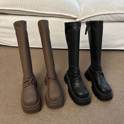 Women's Vintage Style Solid Color Round Toe Riding Boots