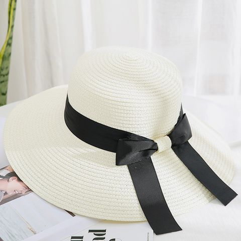 Women's Cartoon Style Cute Simple Style Solid Color Bowknot Wide Eaves Straw Hat