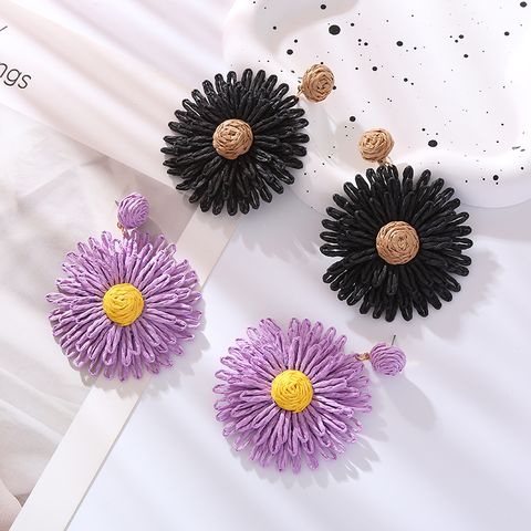 1 Pair Simple Style Round Flower Braid Alloy Raffia Drop Earrings