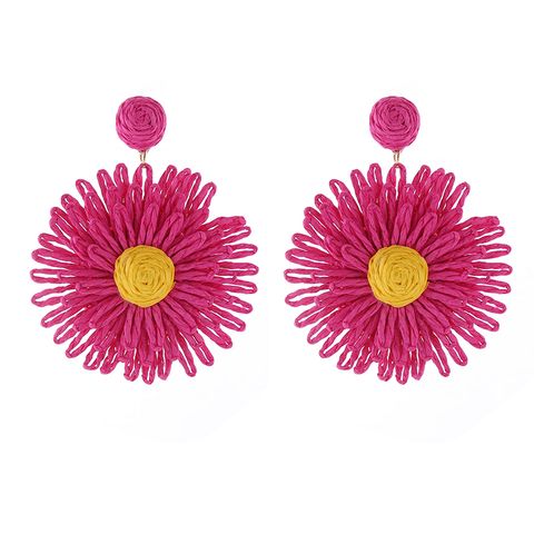 1 Pair Simple Style Round Flower Braid Alloy Raffia Drop Earrings