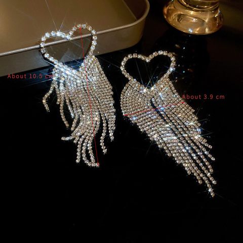 1 Pair Elegant Shiny Tassel Heart Shape Inlay Alloy Rhinestones Drop Earrings
