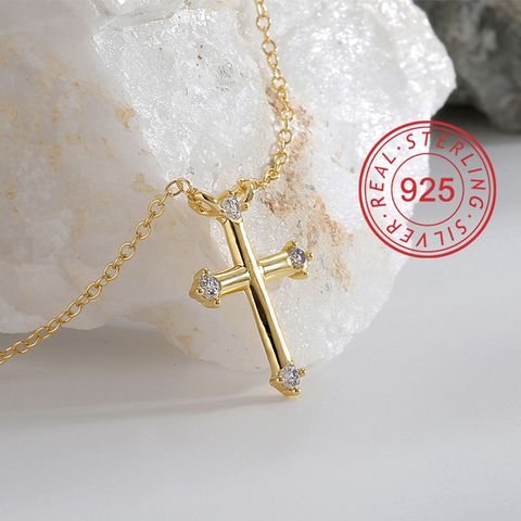 Elegant Classic Style Cross Sterling Silver Plating Inlay Pearl Zircon 18k Gold Plated Pendant Necklace