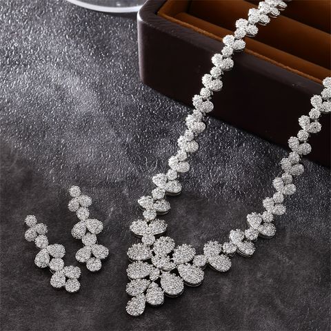 Copper Elegant Bridal Sweet Tassel Plating Inlay Geometric Round Water Droplets Zircon Jewelry Set