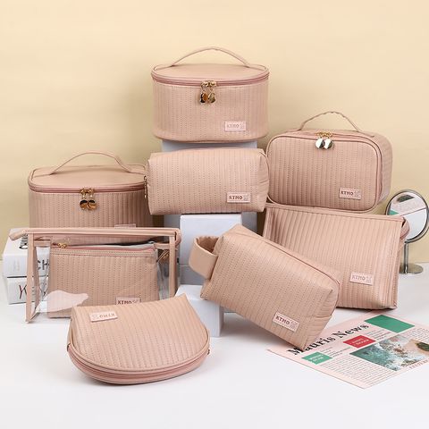 Classic Style Stripe Pu Leather Semicircle Square Makeup Bags