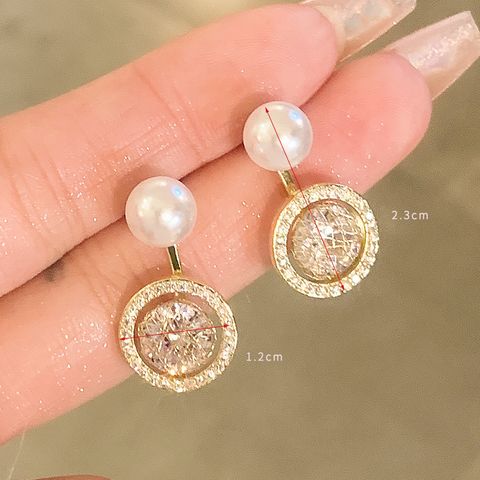 1 Pair Elegant Classic Style Commute Round Plating Inlay Copper Artificial Diamond 14k Gold Plated Drop Earrings