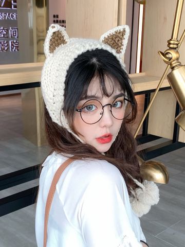 Women's Cute Cat Pom Poms Ear Warap Wool Cap